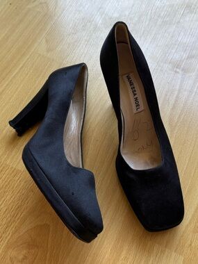 Vintage Vanessa Noel black satin block heel pumps